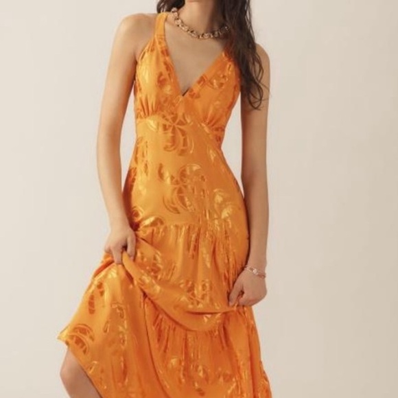Farm Rio x Anthropologie Orange/Gold V-Neck Tiered Maxi Dress, Size S - Picture 3 of 14